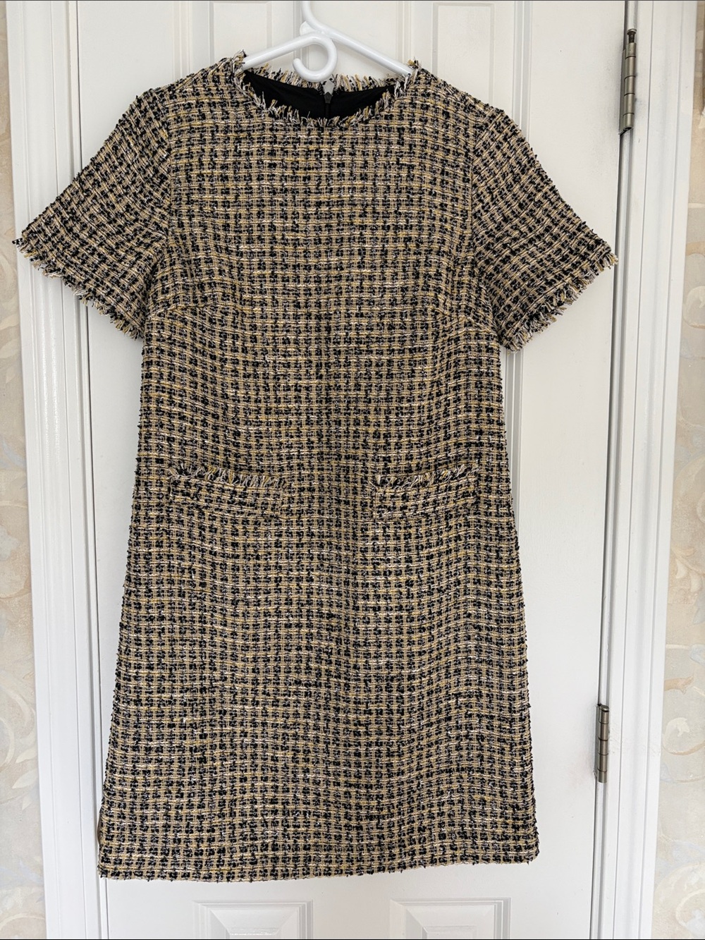 Ann Taylor Classic Tweed Shift Dress in Black and Beige with Metallic Threads